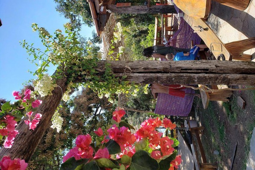 A wooden structure with people sitting on a purple mat, surrounded by pink flowers and greenery. 3