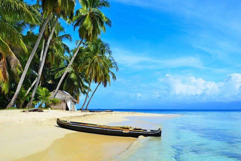 A beach with palm trees, a thatched hut, and a boat on the sand. 3