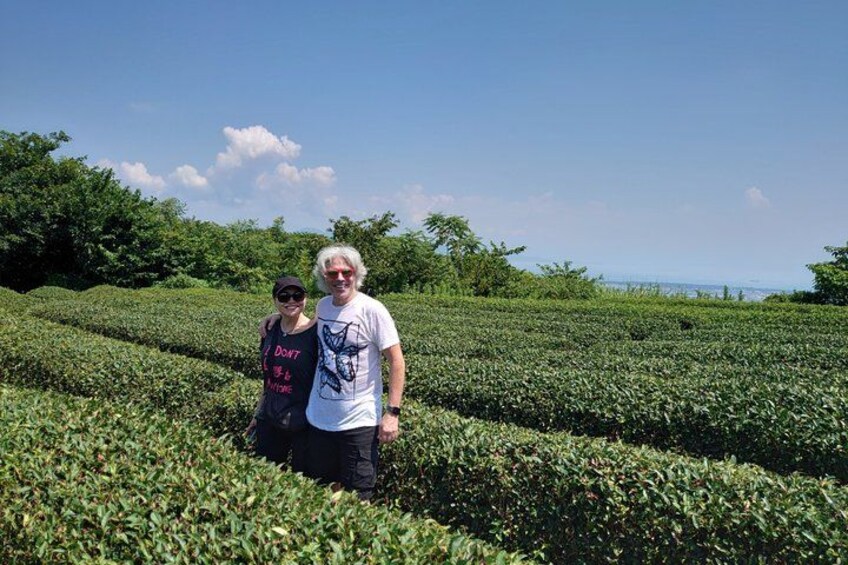 Two people standing in a field of green plants, with trees and a clear sky in the background. 5