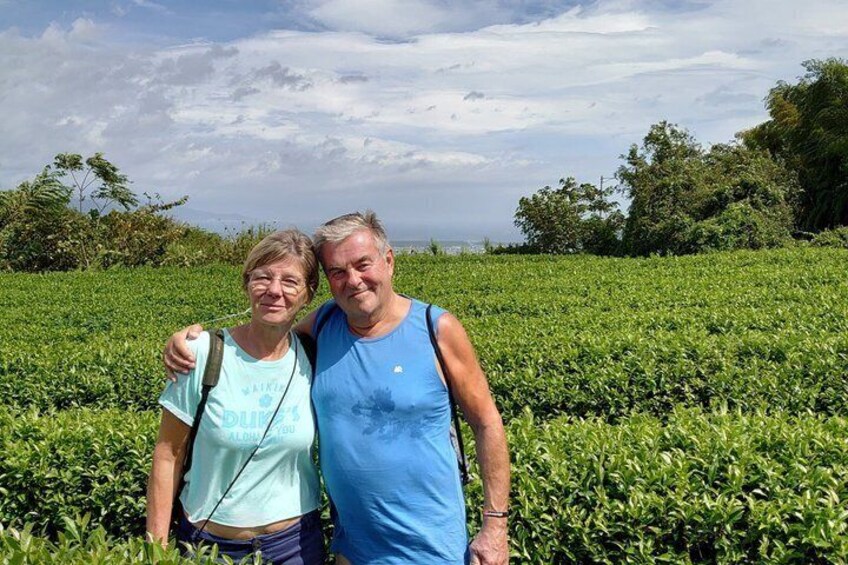 Two people standing in a field of green crops. 1