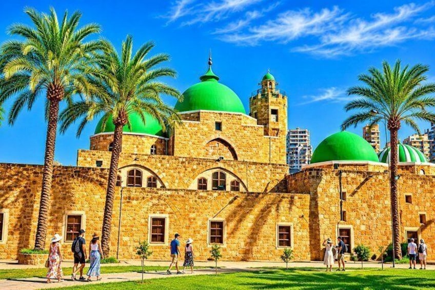 A historic building with green domes and palm trees. 5