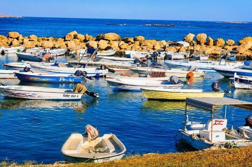 A marina with various boats docked, rocky shore, and calm blue sea. 1