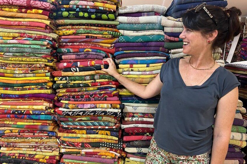 Choosing some vintage Katha quilts 2