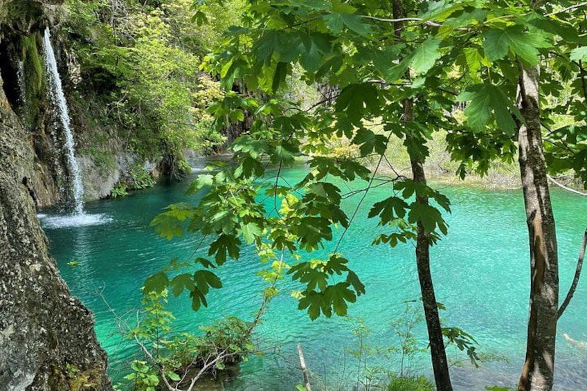 A waterfall, clear turquoise water, and surrounding greenery. 4