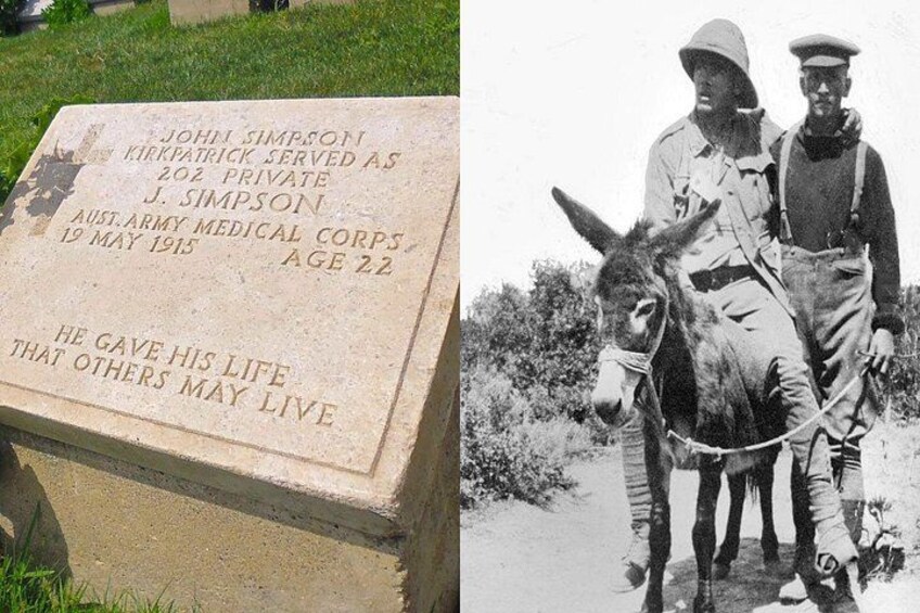 A gravestone with inscriptions and a historical photograph of two men with a donkey. 4