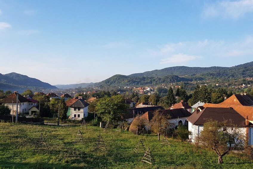 A rural landscape with houses, a field, and mountains in the background. 5