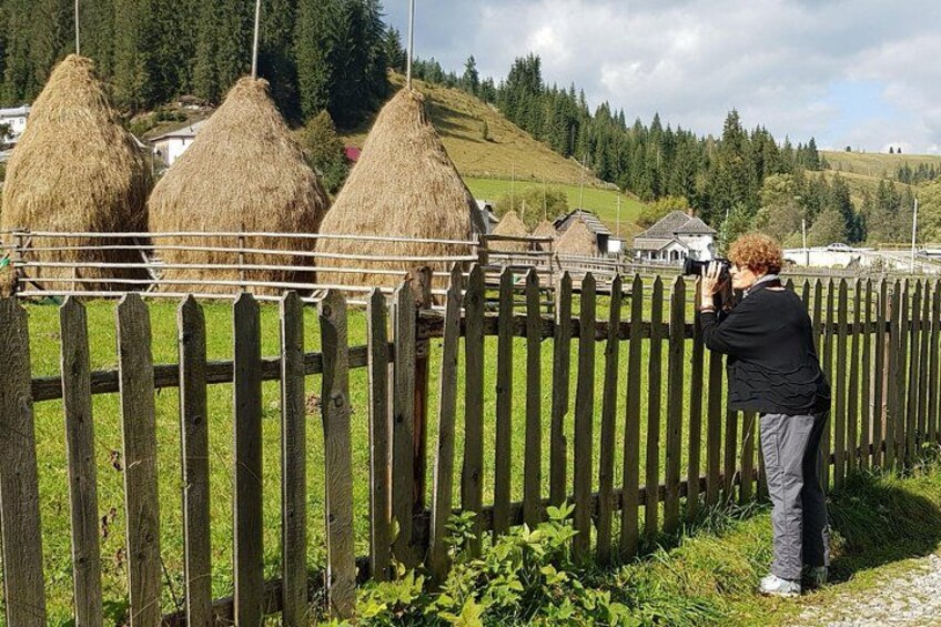 A person taking a photo of hay bales behind a wooden fence. 4