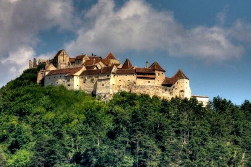 A historic castle on a hill with dense green foliage. 4