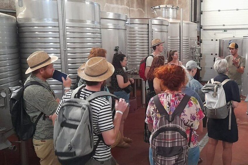 A group of people in a brewery tour, observing stainless steel tanks and equipment. 3