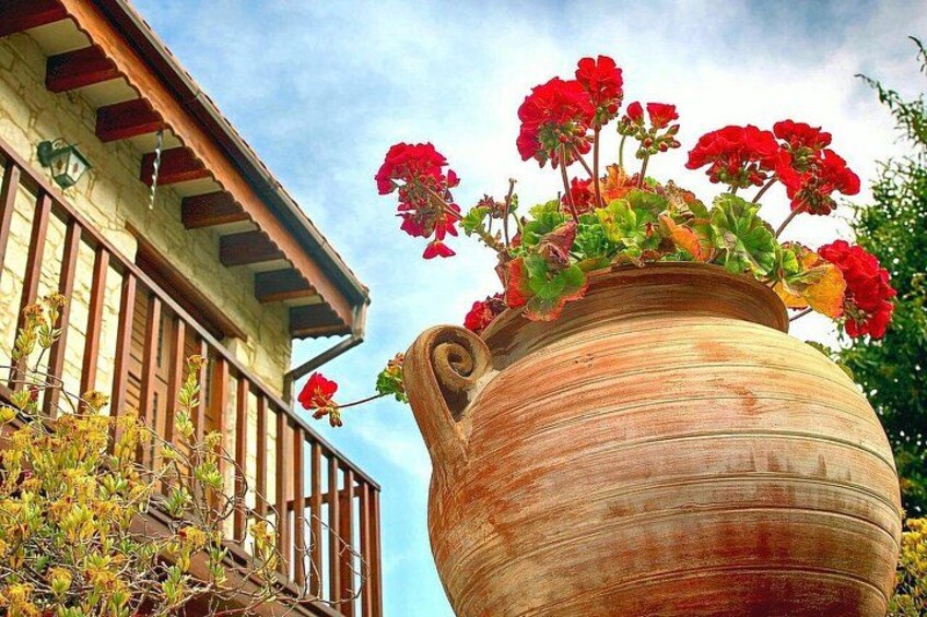 A large ceramic pot with red flowers on a balcony. 3
