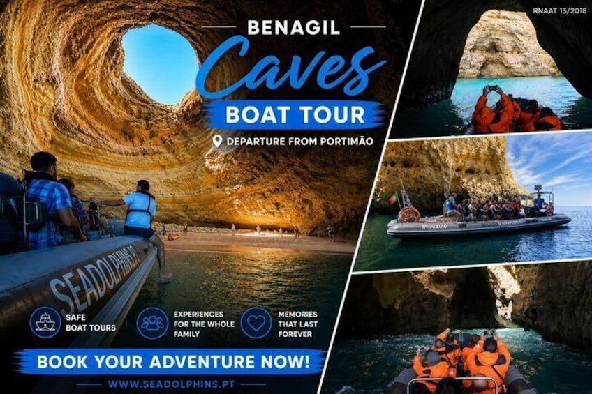 Tour en barco por las Grutas de Benagil con salida desde Portimão, mostrando una gran entrada a una cueva, una embarcación con pasajeros y un litoral rocoso. 1