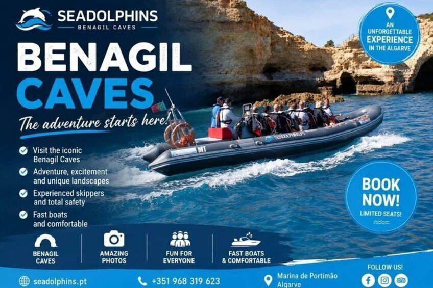 A boat tour at Benagil Caves with a rocky coastline in the background. 1