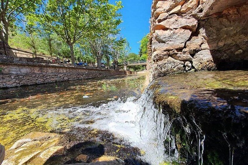 A clear water stream flowing over rocks, surrounded by trees and a stone wall. 4
