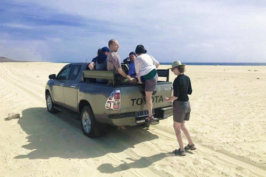 Una camioneta Toyota sobre una playa arenosa, con gente de pie alrededor. 3