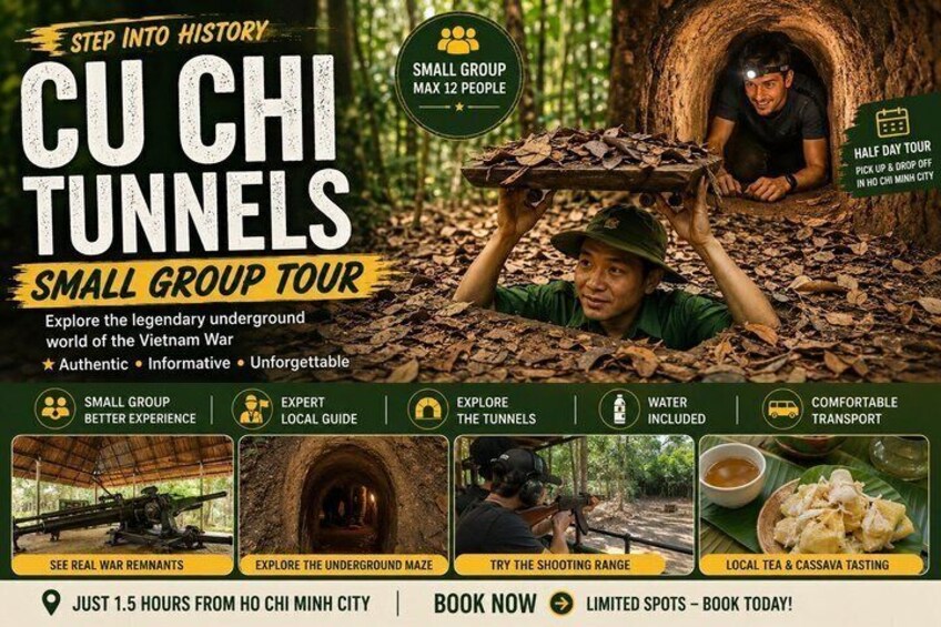 A tour of Cu Chi tunnels with a guide, a shooting range, and local food tasting. 2