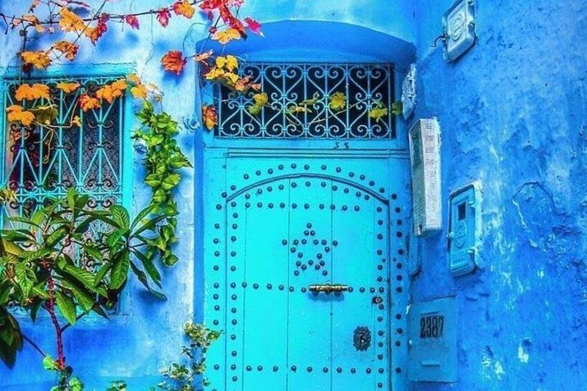 A blue door with decorative metalwork, a window with a metal grille, and a wall with a textured surface. 3