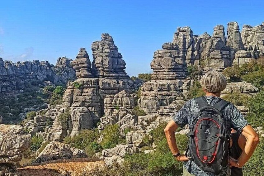 A person with a backpack standing in a rocky landscape with unique rock formations. 5