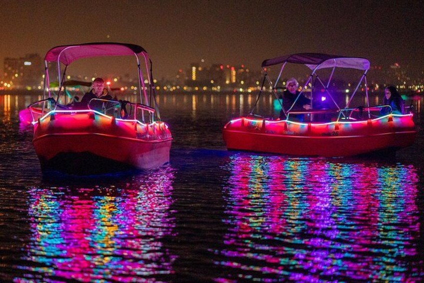 We are happy to introduce you to the 60-minute Glow Boat Experience on Electric boats, a romantic night date idea in San Diego Bay!

The boat illuminates 360 degrees outside, and it is a lot of fun! 2
