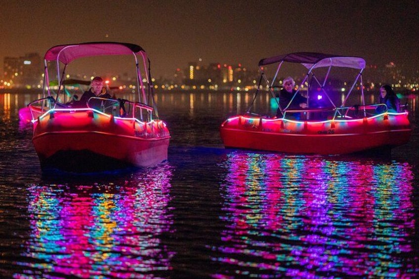 We are happy to introduce you to the 60-minute Glow Boat Experience on Electric boats, a romantic night date idea in San Diego Bay!
The boat illuminates 360 degrees outside, and it is a lot of fun! 2