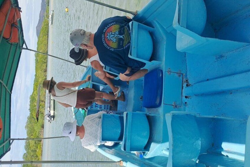 A group of people on a blue boat with a green canopy, a person wearing a hat, and another with a cap. 3
