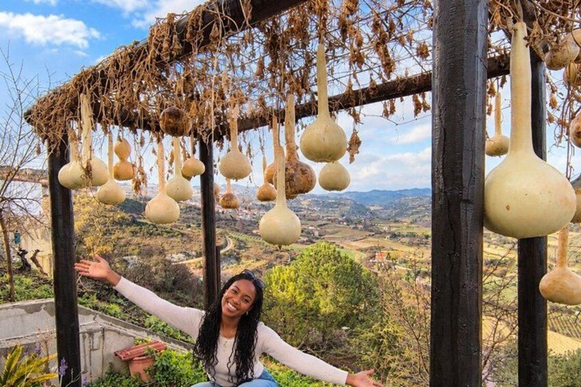 A person standing under a structure with hanging gourds, with a scenic landscape in the background. 5