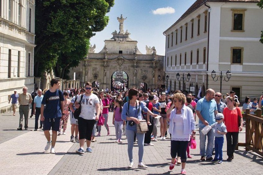 A crowded pedestrian area with historic architecture and a large gate in the background. 3