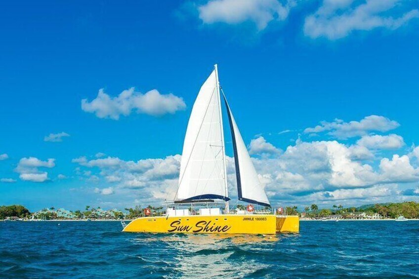 Ein gelbes Katamaran mit weißen Segeln namens „Sunshine“ auf dem Wasser. 1