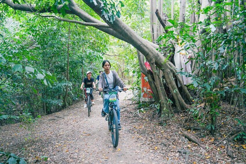 Two people riding bicycles on a forest trail. 1
