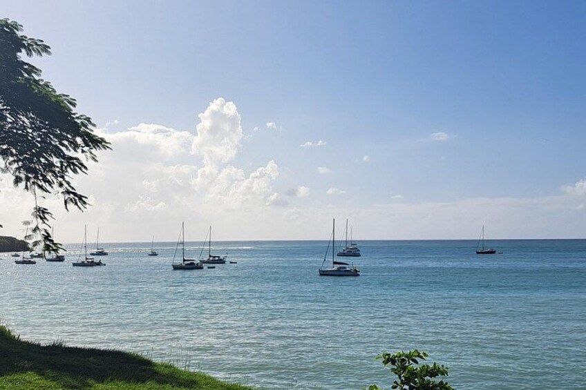 A calm sea with several sailboats anchored, a clear sky, and a distant shoreline with greenery. 3