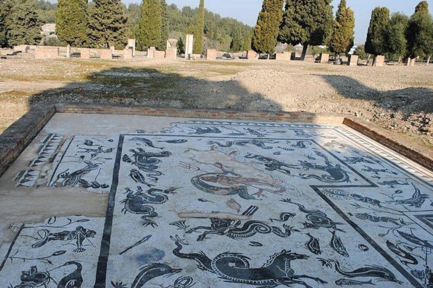 Une ancienne mosaïque aux motifs et aux figures complexes, qui se détache sur le fond d’un site historique, avec ses structures en pierre et ses arbres. 1