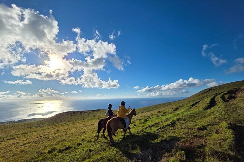 A person riding a horse on a grassy hill with a view of the ocean and a clear sky. 2