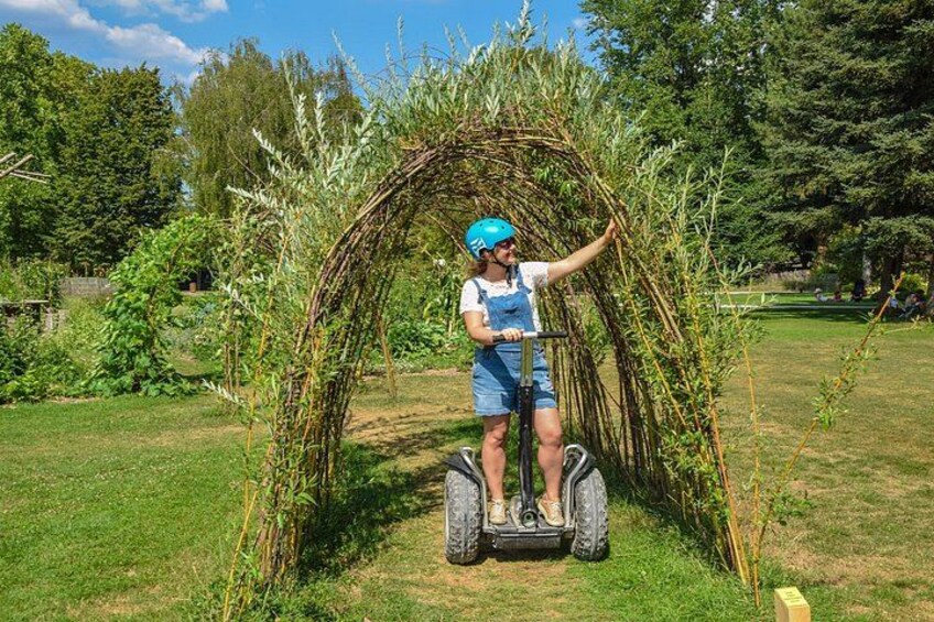 Une personne sur un Segway dans un jardin, sous une arche formée par les branches d’un saule pleureur. 1
