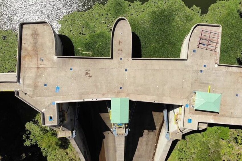 A large concrete structure with a green roof, surrounded by greenery. 3