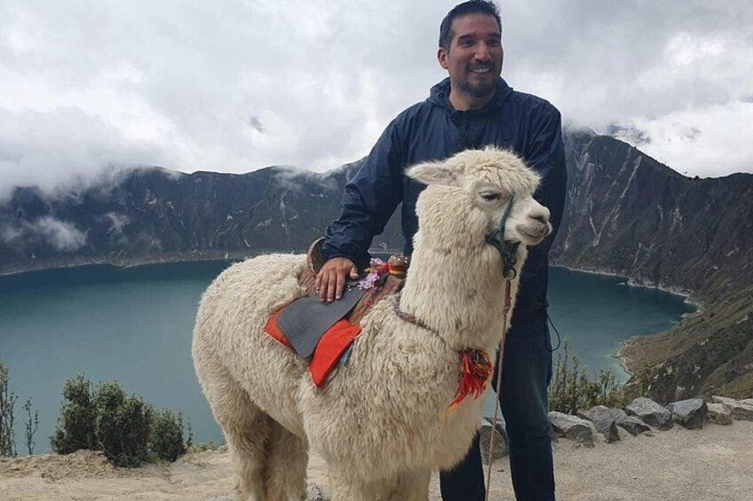A person standing next to a llama with a saddle, in a mountainous area with a lake in the background. 4