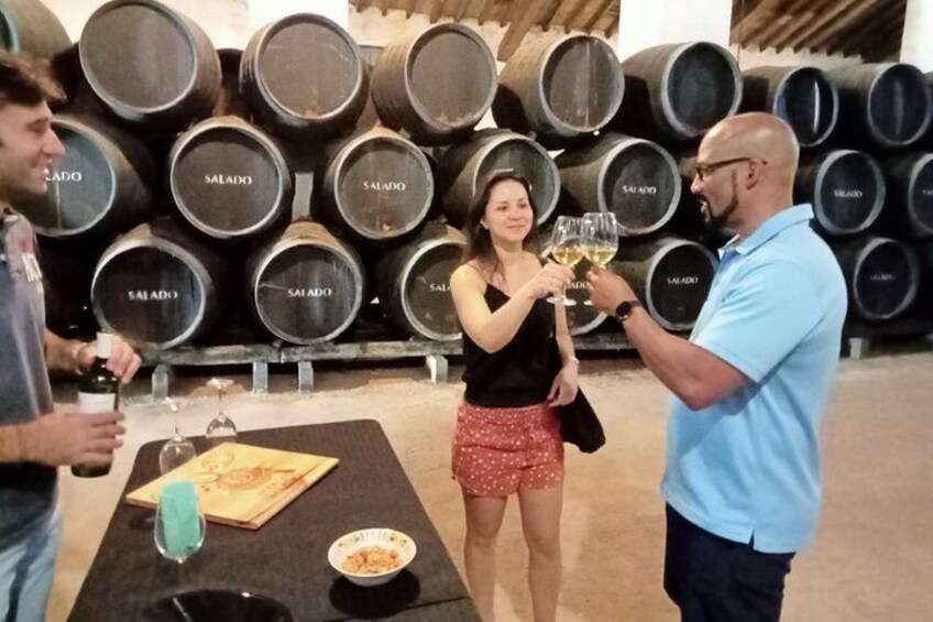 A group of people toasting with wine glasses in a cellar with rows of barrels labeled 'SALADO'. 1