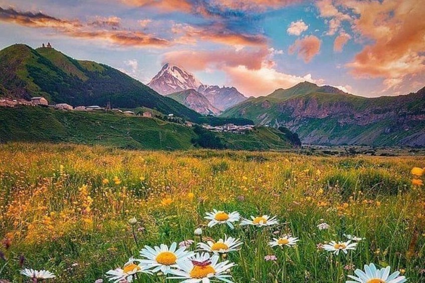 A mountainous landscape with a field of daisies in the foreground and a village in the valley. 5