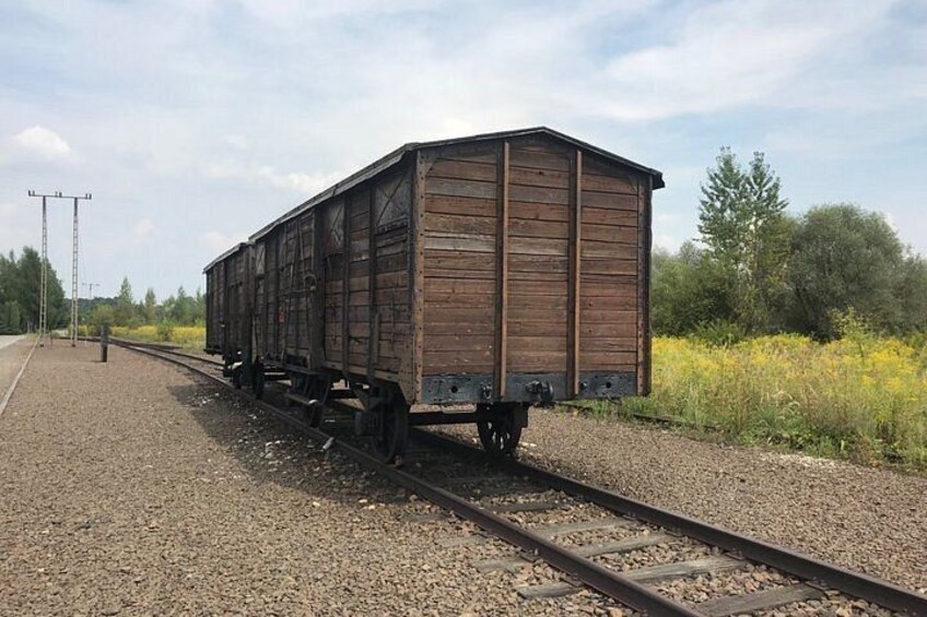 Ein Zugwagen auf Gleisen vor einer ländlichen Landschaft. 3