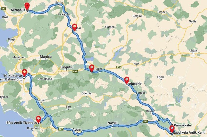 A map with marked locations and roads. 5