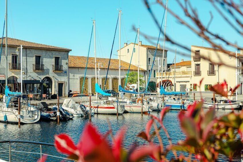 A marina with boats docked, buildings, and a clear sky. 5