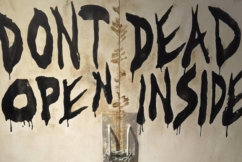 A wall with the text 'DON'T DEAD OPEN INSIDE' and a vase with dried plants. 1