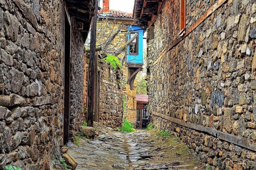 A narrow stone pathway flanked by old stone buildings with wooden beams and a blue building in the distance. 2