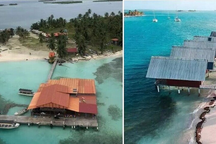 A coastal area with a wooden pier leading to a small building with a red roof, surrounded by clear turquoise waters and palm trees. 2