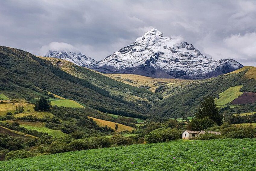 A snow-capped mountain, green fields, and a small house in a valley. 3