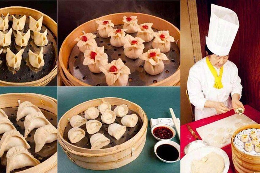 A chef preparing dumplings, a bamboo steamer with dumplings, and a table with dipping sauce and a plate of dumplings. 3