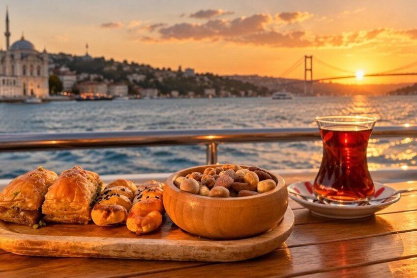 Une table avec des pâtisseries et un bol de fruits secs, une tasse de thé, et une vue sur un pont et une mosquée au coucher du soleil. 2
