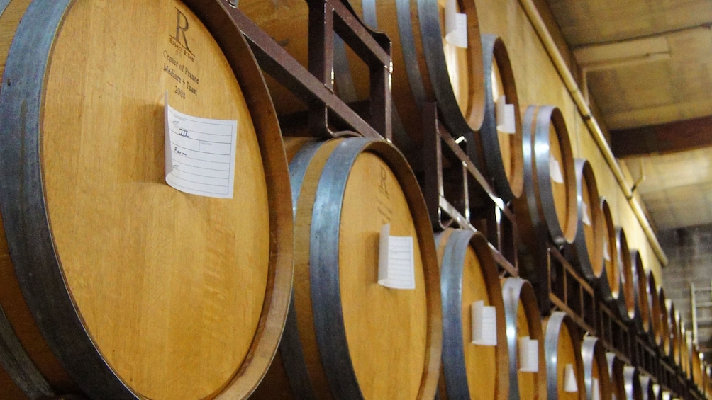 stacked barrels at the winery in San Francisco