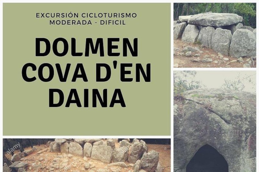 Dolmen Cova D'En Daina, a moderate to difficult cycling excursion with images of large standing stones and a dolmen structure. 5