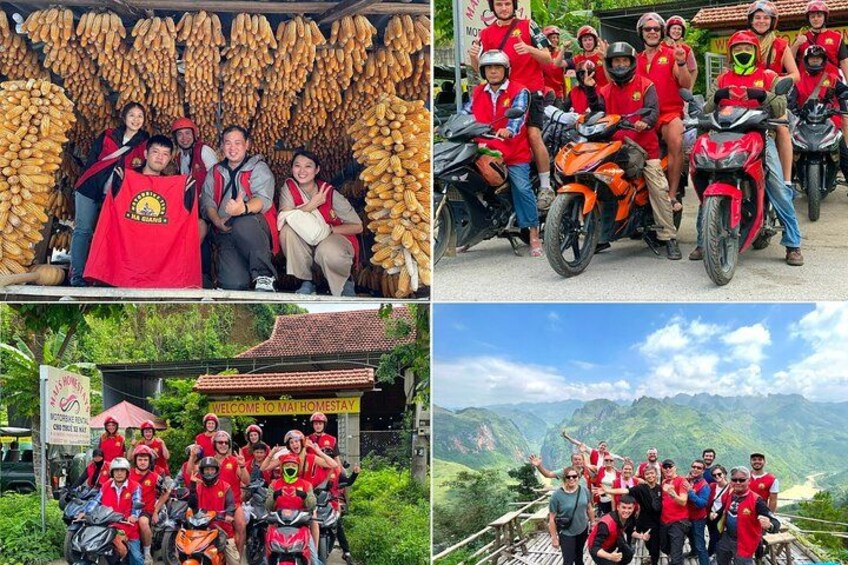 Eine Gruppe von Personen in roten Westen posiert vor einer Bananenpräsentation, an einer Straße mit einem Schild, das ‚Willkommen in Malhomestay‘ verkündet, vor einer bergigen Landschaft. 2