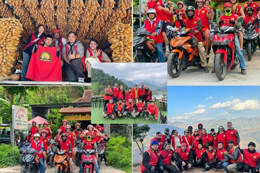 A group of people in red vests posing with motorcycles and a backdrop of bananas. 5