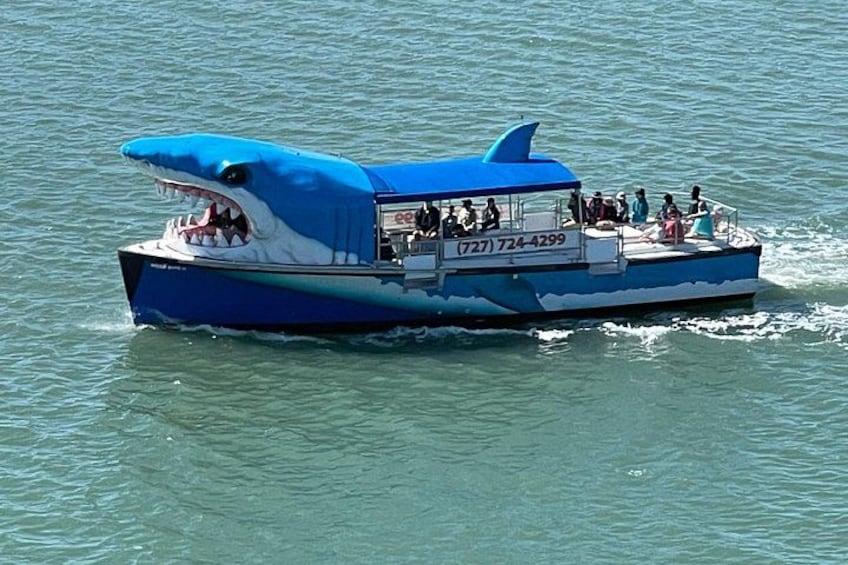A boat with a shark design, a phone number, and people on board. 1
